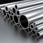 Stainless steel tubes with various diameters on black reflective surface. Copy space in the bottom left.Similar images: